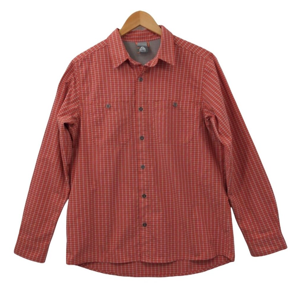 Nike ACG Button Front Shirt Men M Orange Check Vented Nylon Blend Outdoor Active